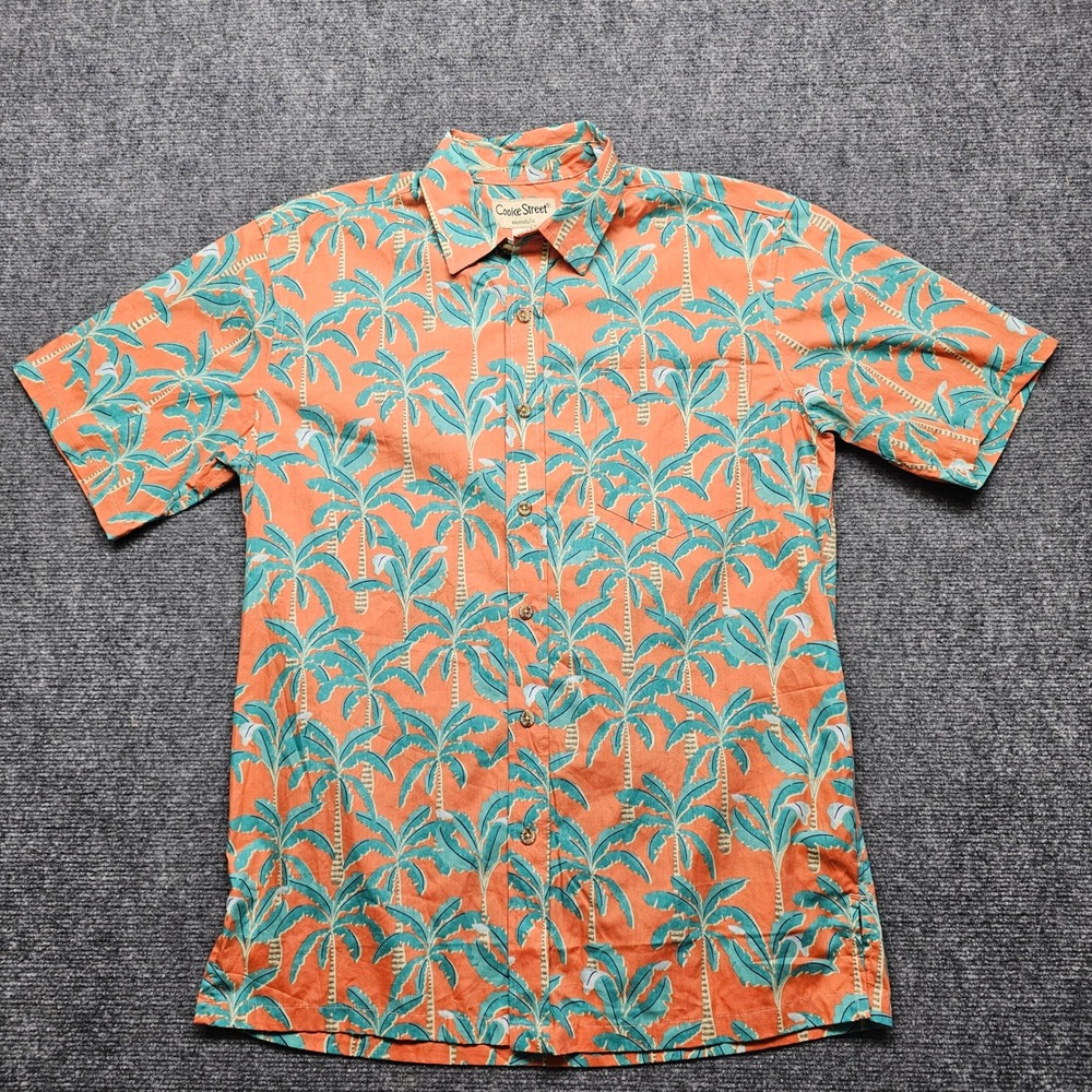 Cooke Street Honolulu Mens Small Orange Palm Tree Cotton Aloha Hawaiian Shirt